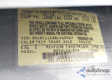 2008 Nissan Versa 1.8Sl z USA, uszkodzony, nr VIN 3N1BC11E88L462467